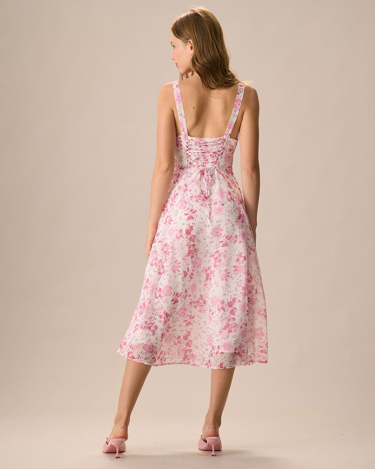 Belltoile™ Pembe Kare Yaka Çiçek Dantelli Midi Elbise