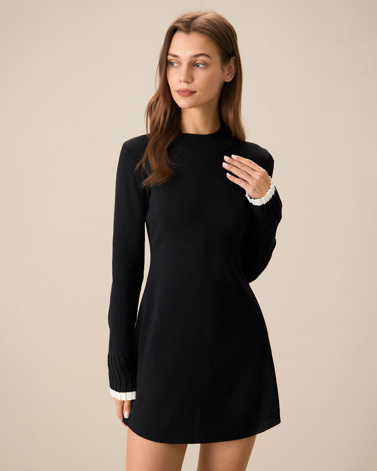 Belltoile™ Siyah Kontrast Uzun Kol Triko Mini Elbise