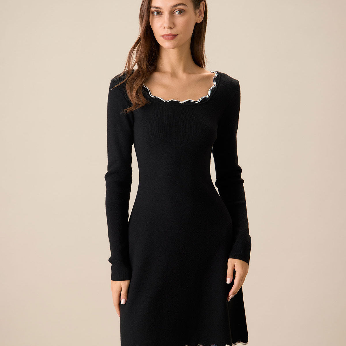 Belltoile™ Kadın Siyah Kontrast Triko Mini Elbise