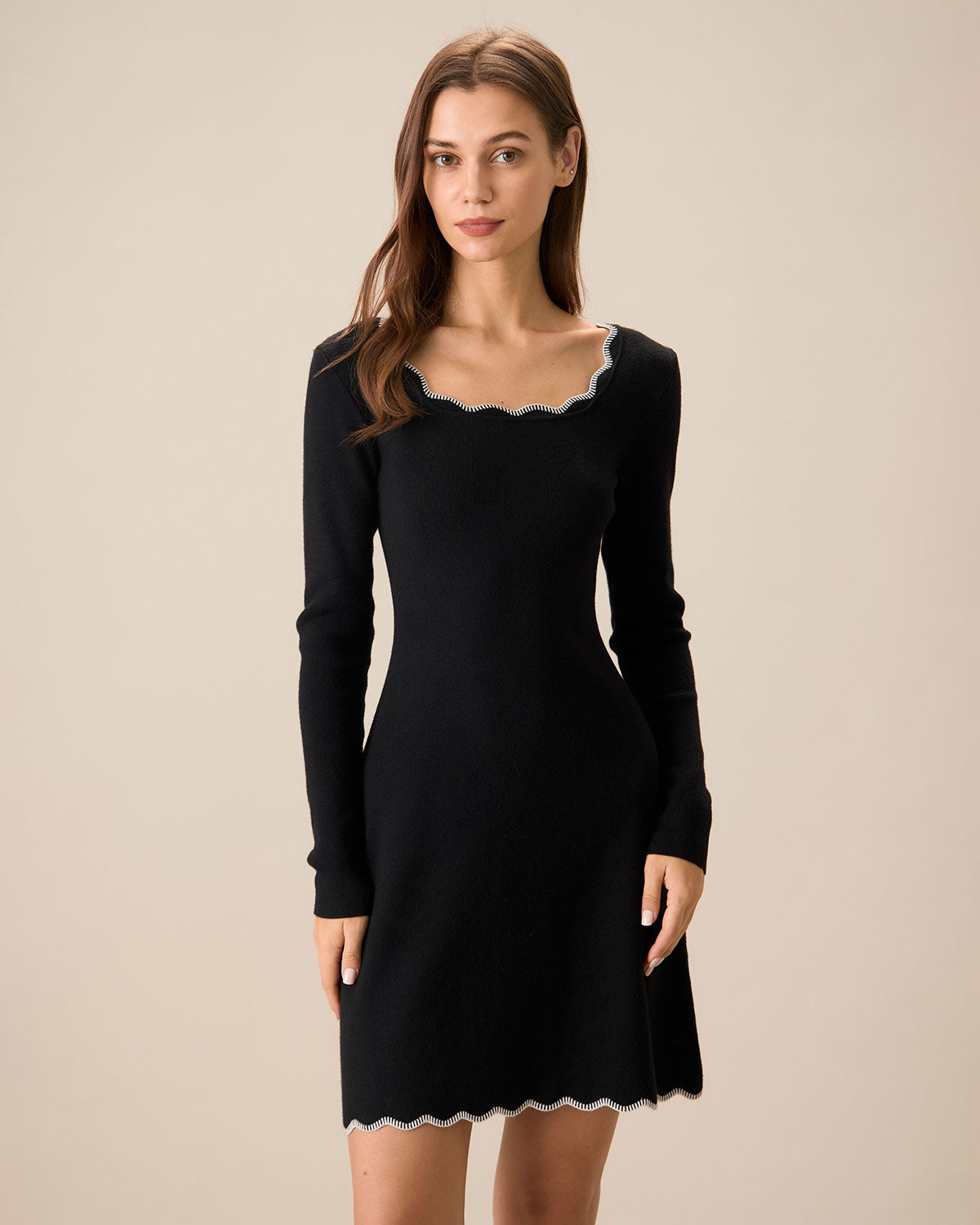 Belltoile™ Kadın Siyah Kontrast Triko Mini Elbise