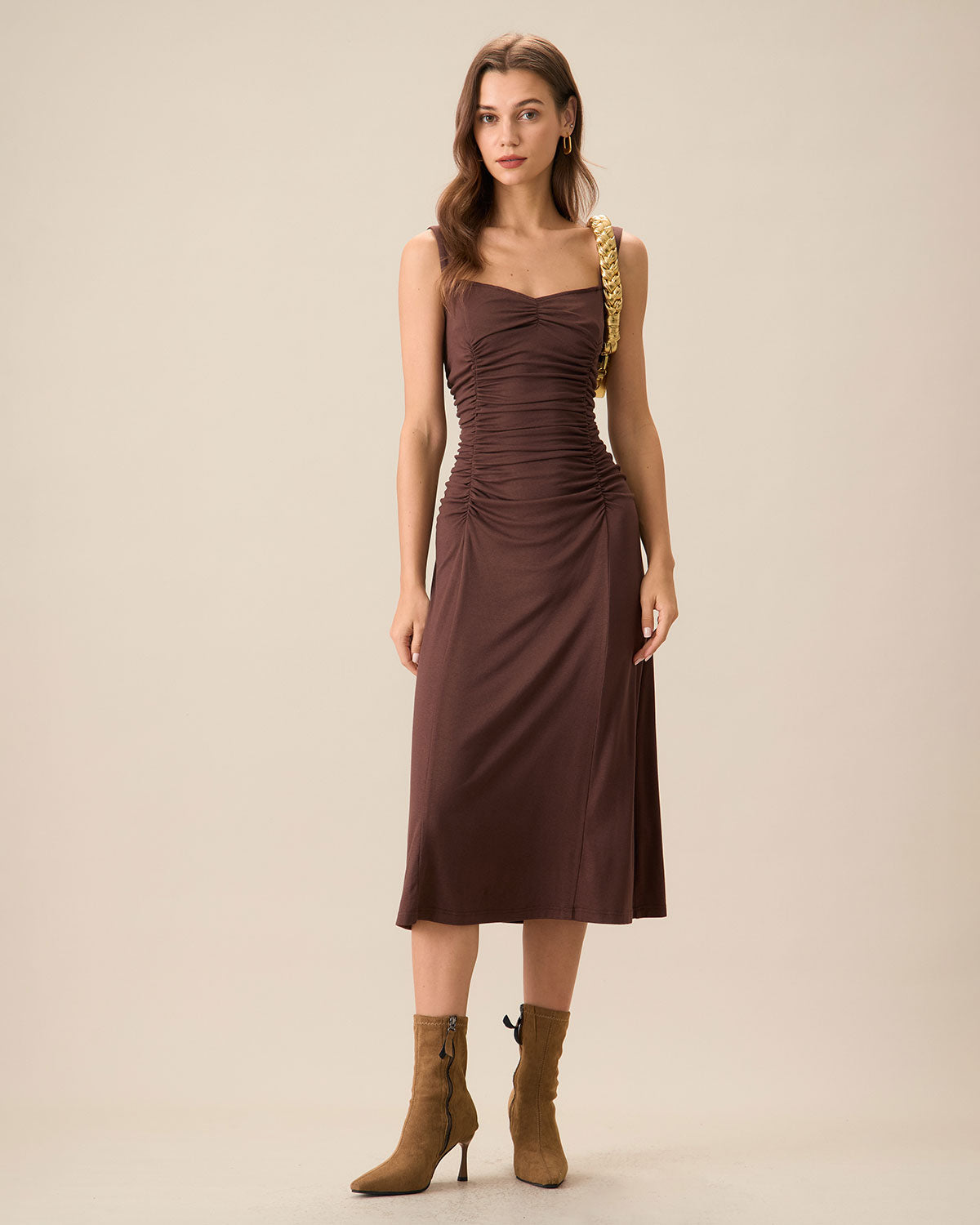 Belltoile Kadın Kahve Dantelli Örme Slip Midi Elbise