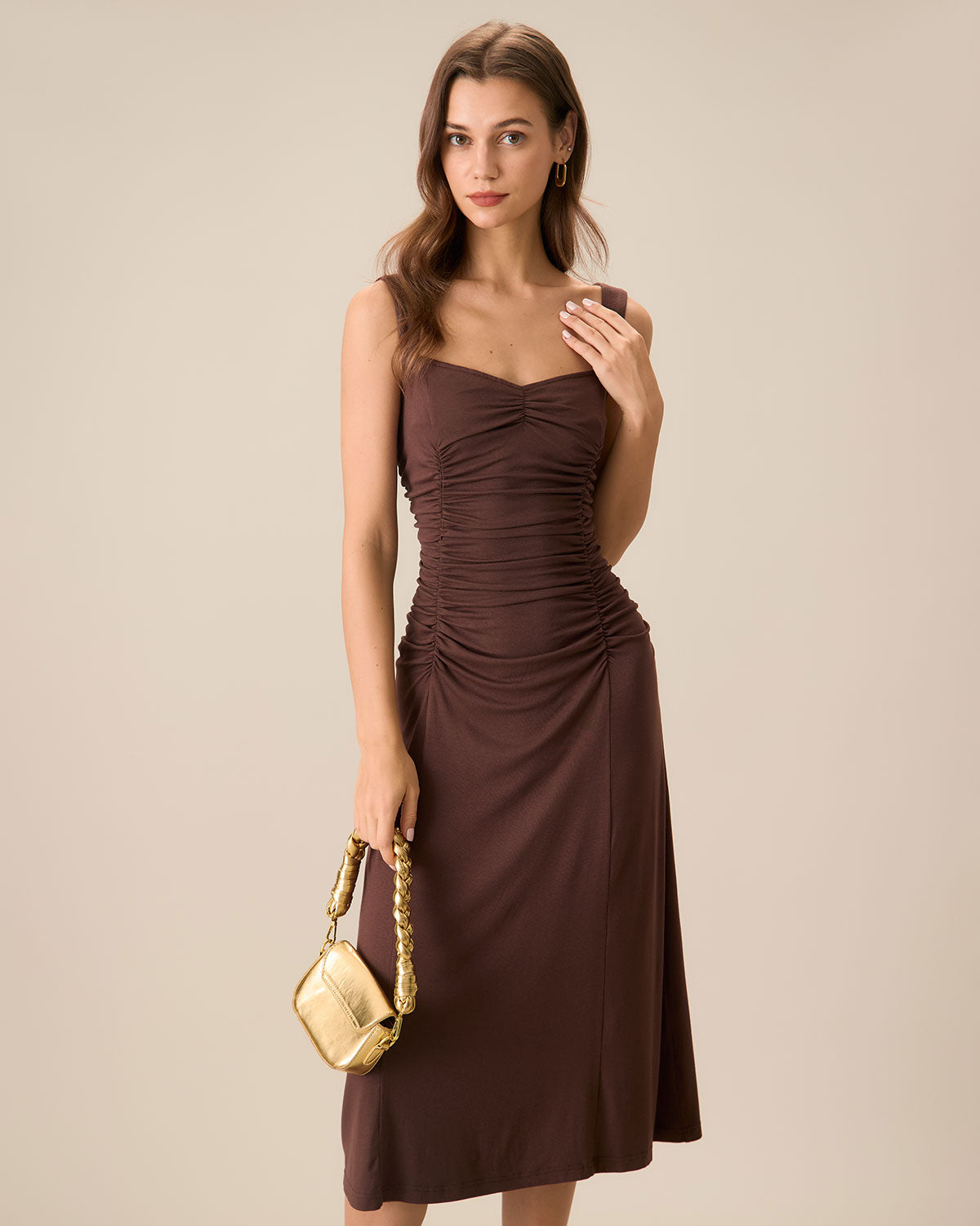 Belltoile Kadın Kahve Dantelli Örme Slip Midi Elbise