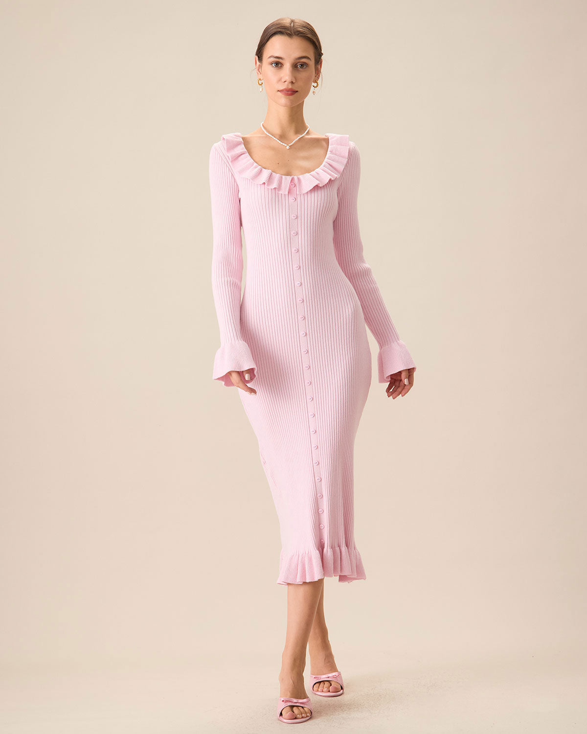 Belltoile™ Kadın Pembe U Yaka Fırfırlı Bodycon Kazak Elbise