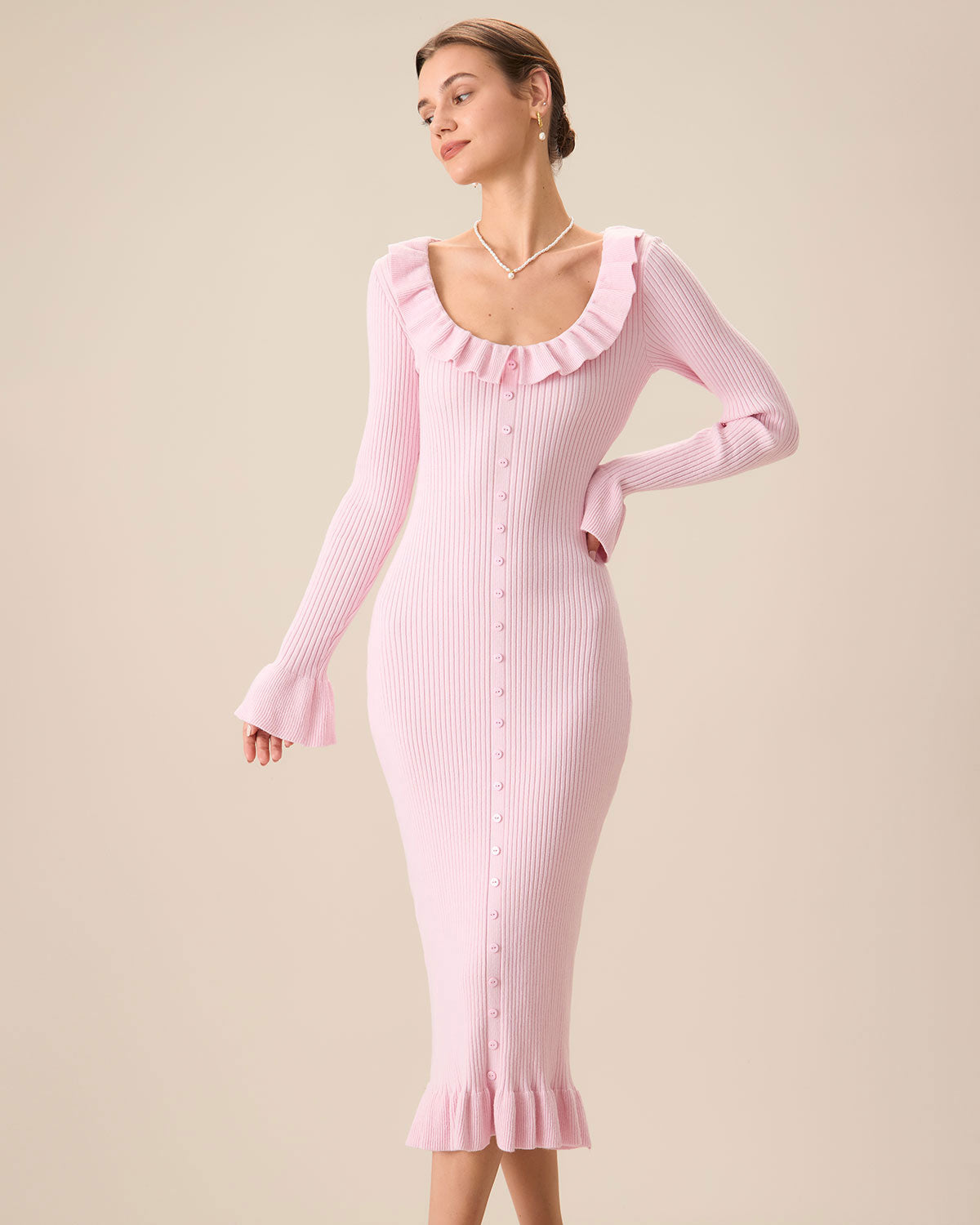 Belltoile™ Kadın Pembe U Yaka Fırfırlı Bodycon Kazak Elbise