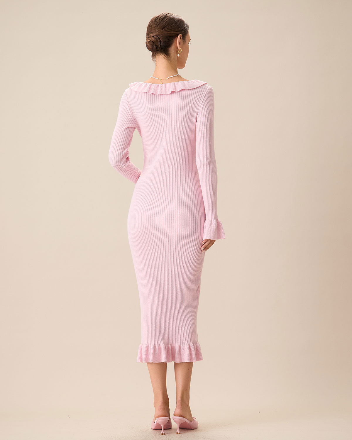 Belltoile™ Kadın Pembe U Yaka Fırfırlı Bodycon Kazak Elbise