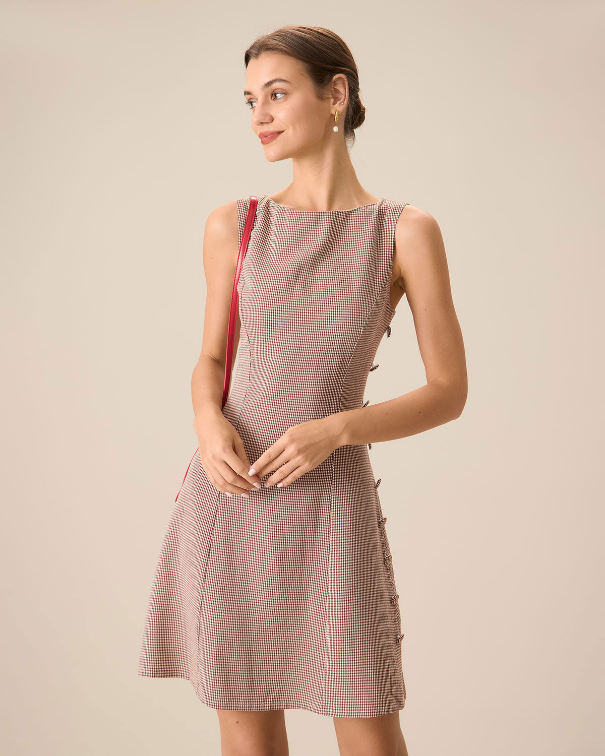 Belltoile™ Kadın Kayık Yaka Kahverengi Ekose Mini Elbise