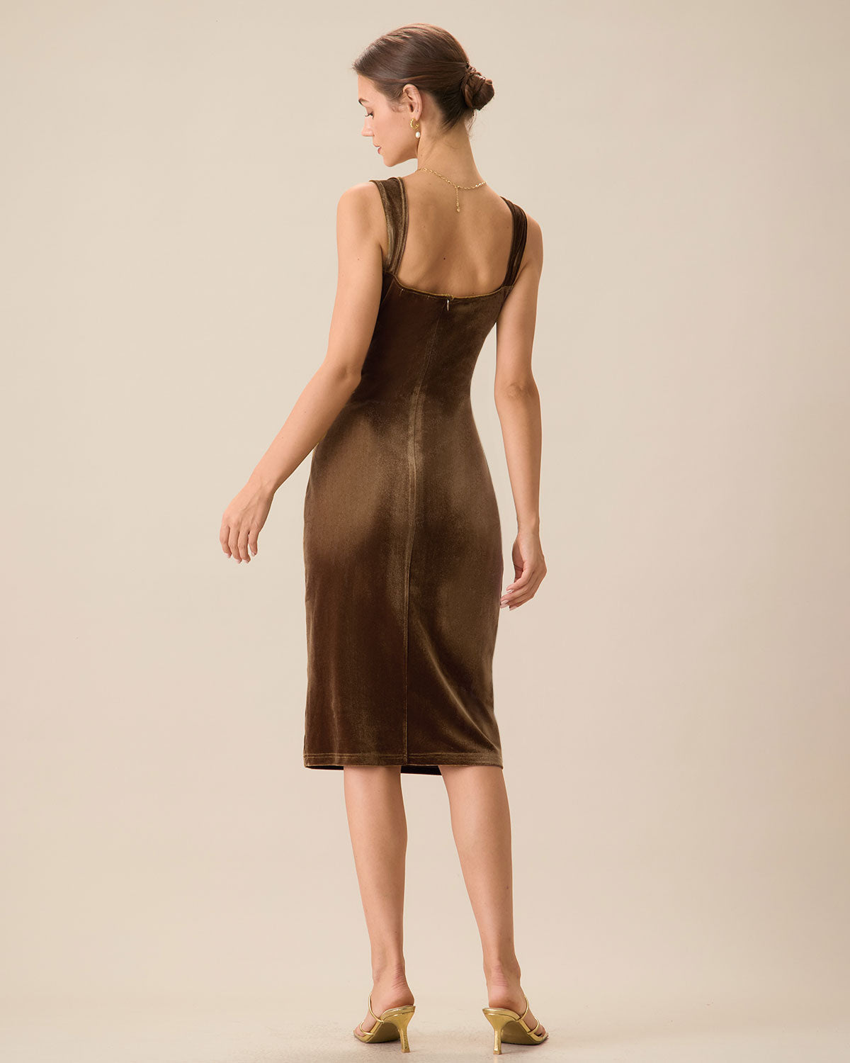 Belltoile Kahverengi Kadife Bodycon Midi Elbise