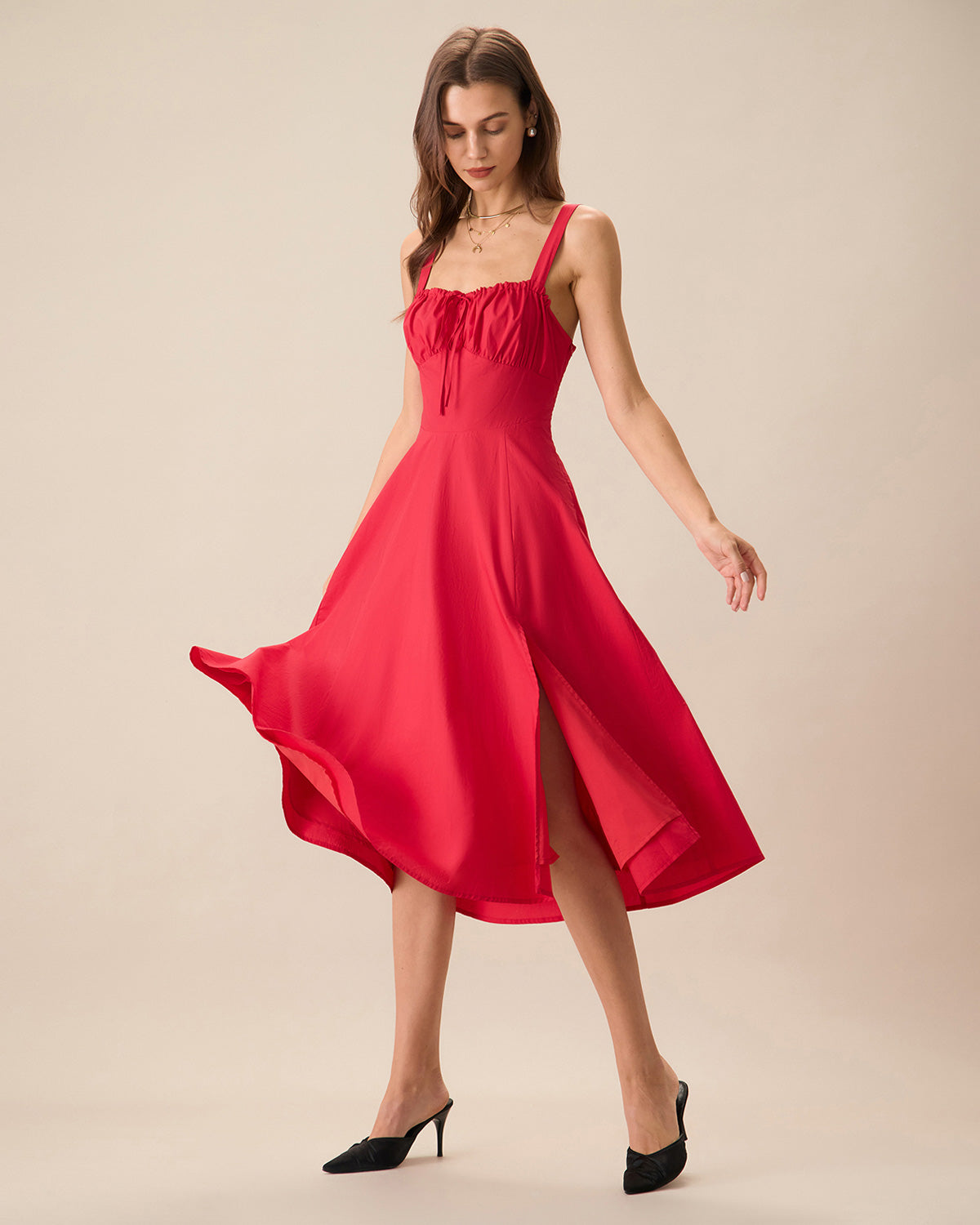 Belltoile™ Kadın Kırmızı Kare Yaka Dantelli Slip Midi Elbise