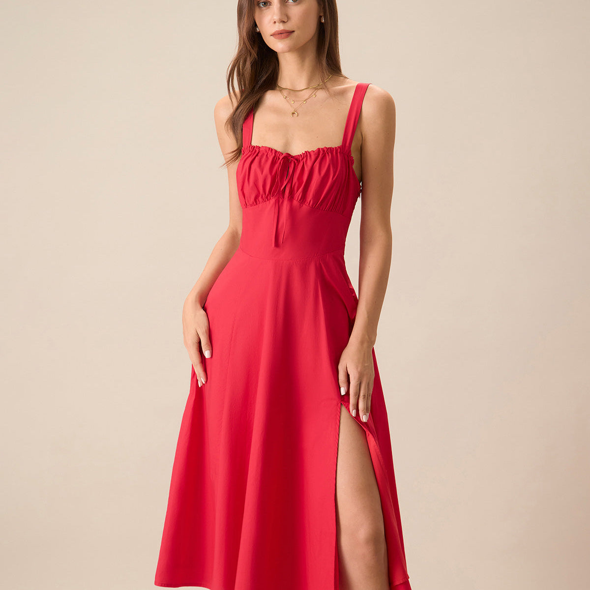 Belltoile™ Kadın Kırmızı Kare Yaka Dantelli Slip Midi Elbise