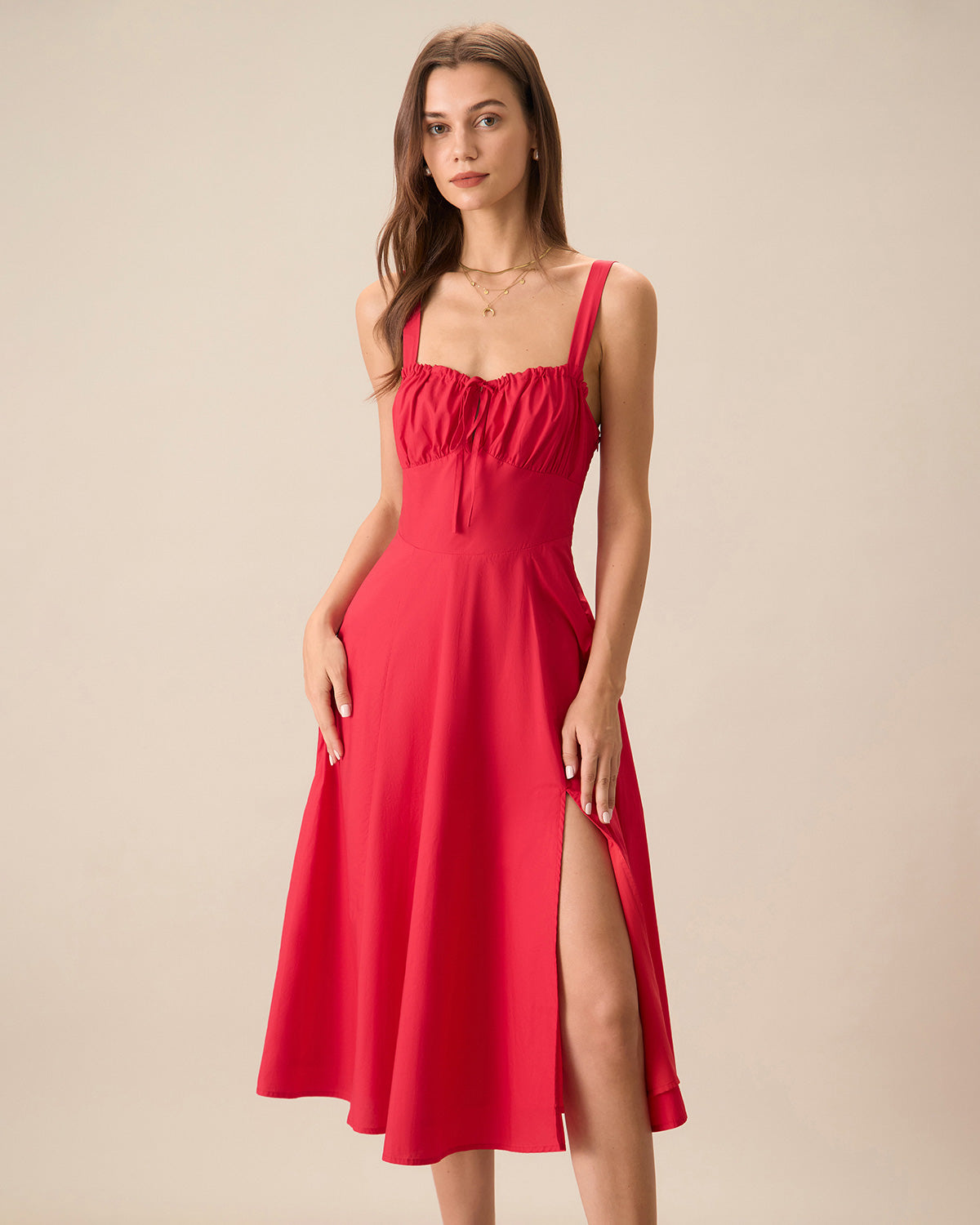 Belltoile™ Kadın Kırmızı Kare Yaka Dantelli Slip Midi Elbise