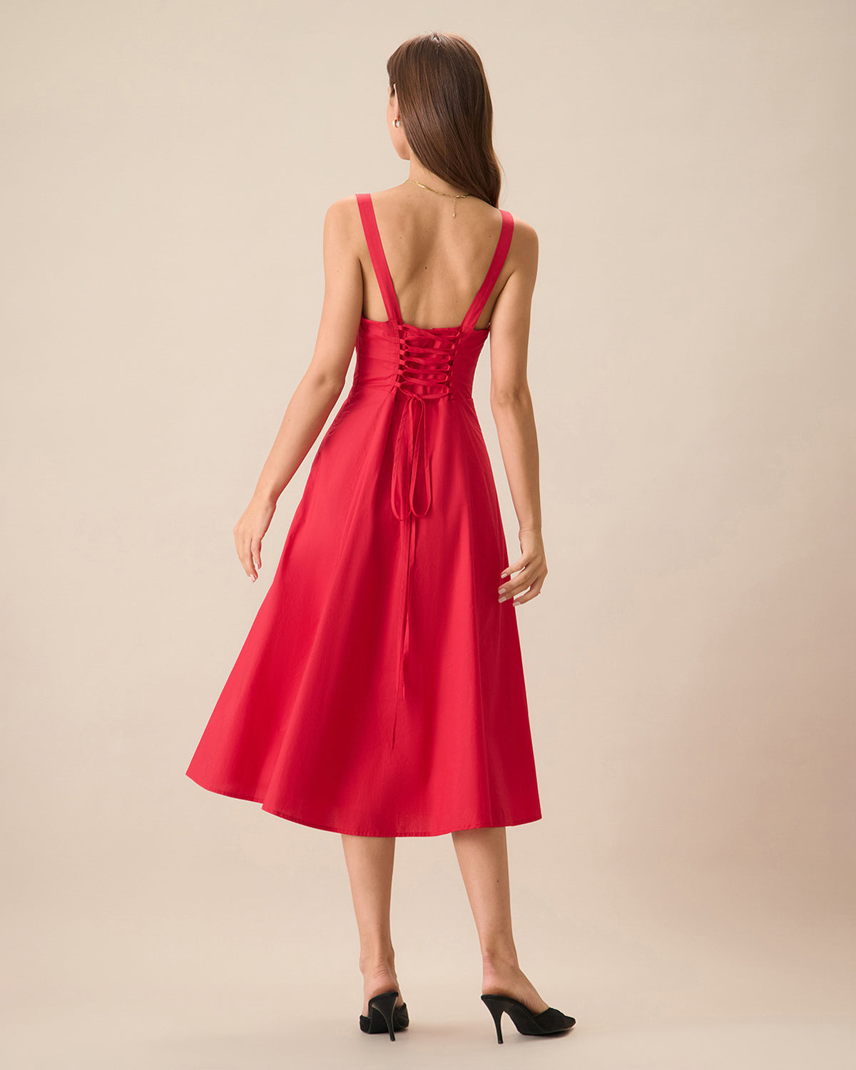 Belltoile™ Kadın Kırmızı Kare Yaka Dantelli Slip Midi Elbise