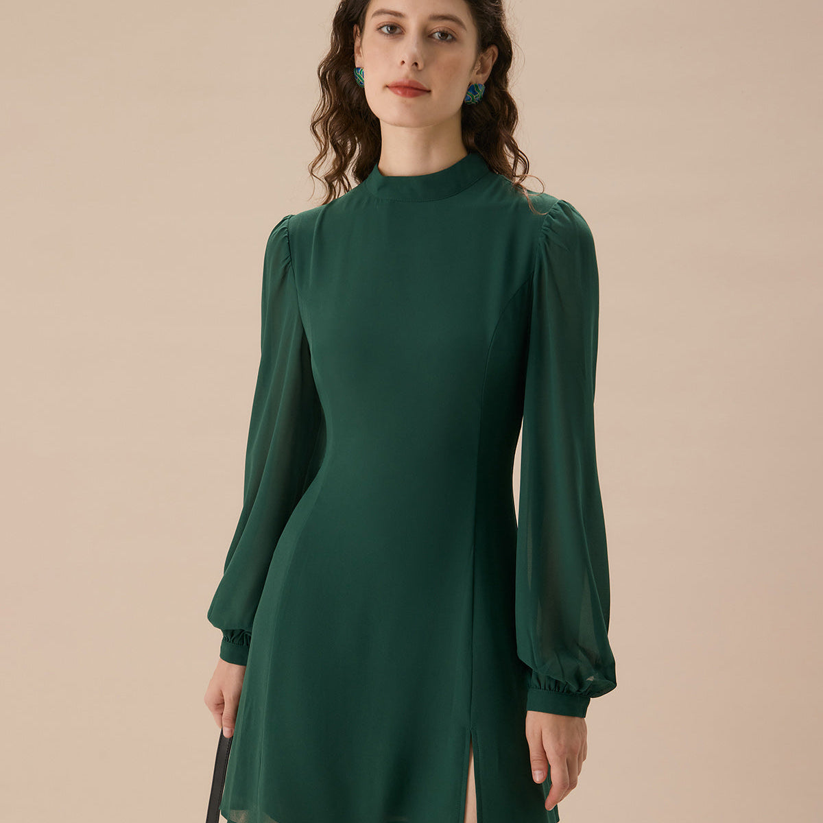Belltoile™ Yeşil Dik Yaka Transparan Yırtmaçlı Mini Elbise