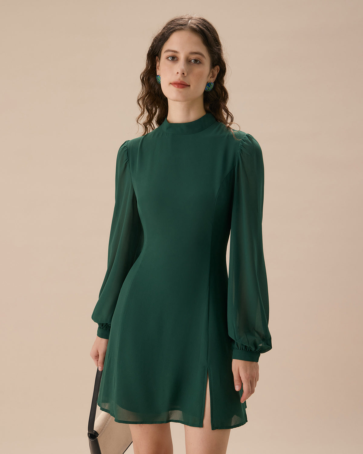 Belltoile™ Yeşil Dik Yaka Transparan Yırtmaçlı Mini Elbise