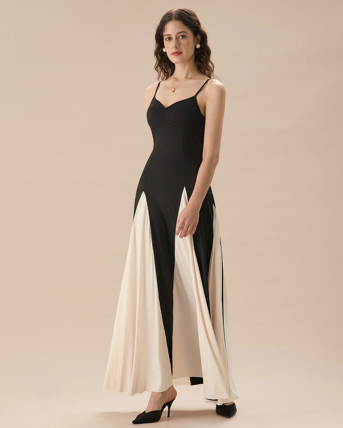 Belltoile™ Kadın Siyah Kontrast Büzgülü Slip Maxi Elbise