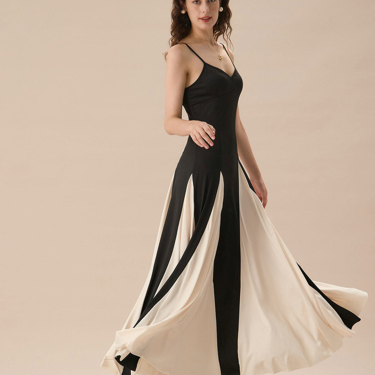 Belltoile™ Kadın Siyah Kontrast Büzgülü Slip Maxi Elbise