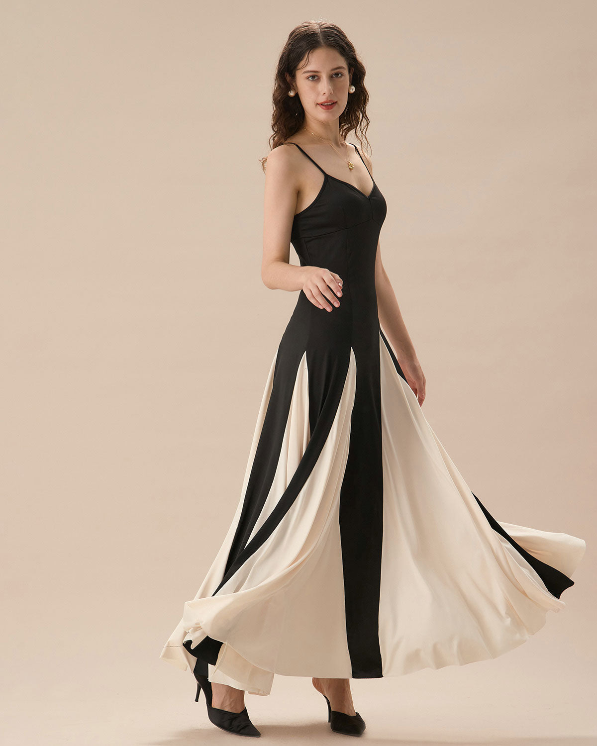 Belltoile™ Kadın Siyah Kontrast Büzgülü Slip Maxi Elbise