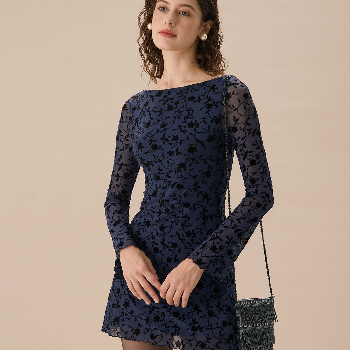 Belltoile™ Kadın Mavi Transparan Uzun Kollu Mini Elbise