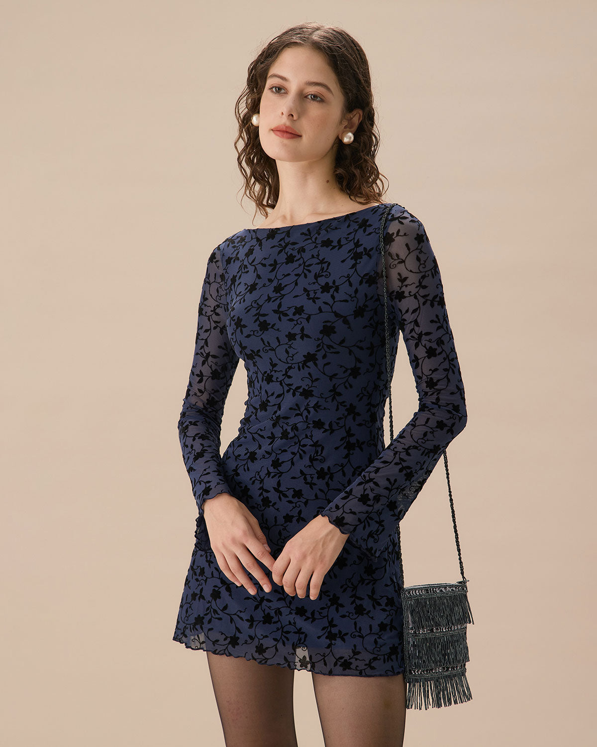 Belltoile™ Kadın Mavi Transparan Uzun Kollu Mini Elbise