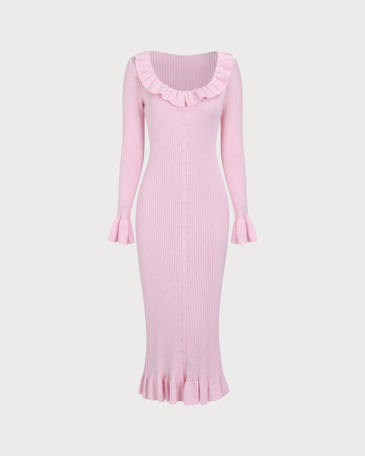 Belltoile™ Kadın Pembe U Yaka Fırfırlı Bodycon Kazak Elbise