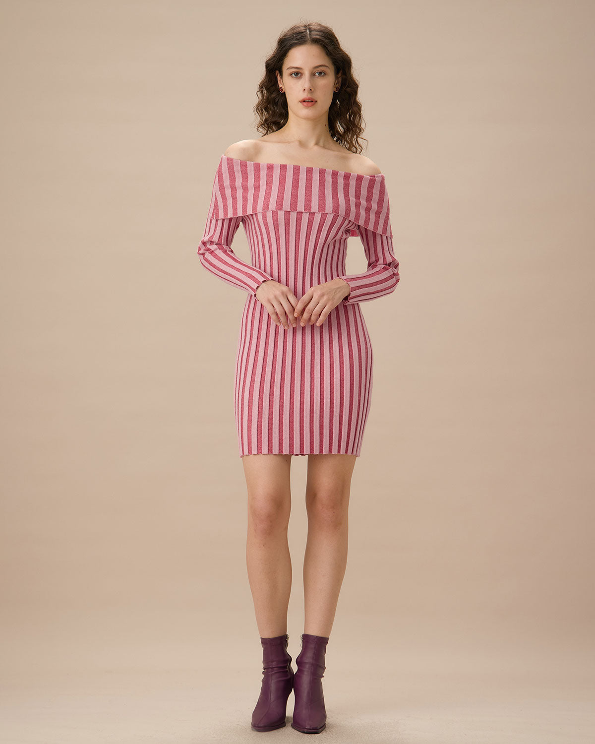 Belltoile™ Pembe Çizgili Omuzu Açık Bodycon Triko Elbise