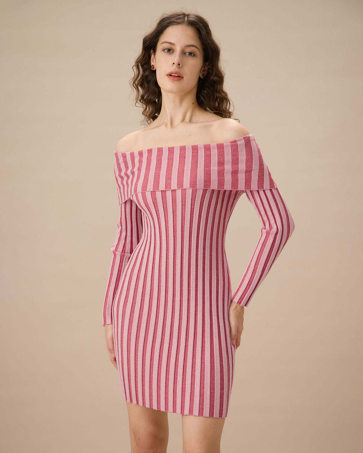 Belltoile™ Pembe Çizgili Omuzu Açık Bodycon Triko Elbise