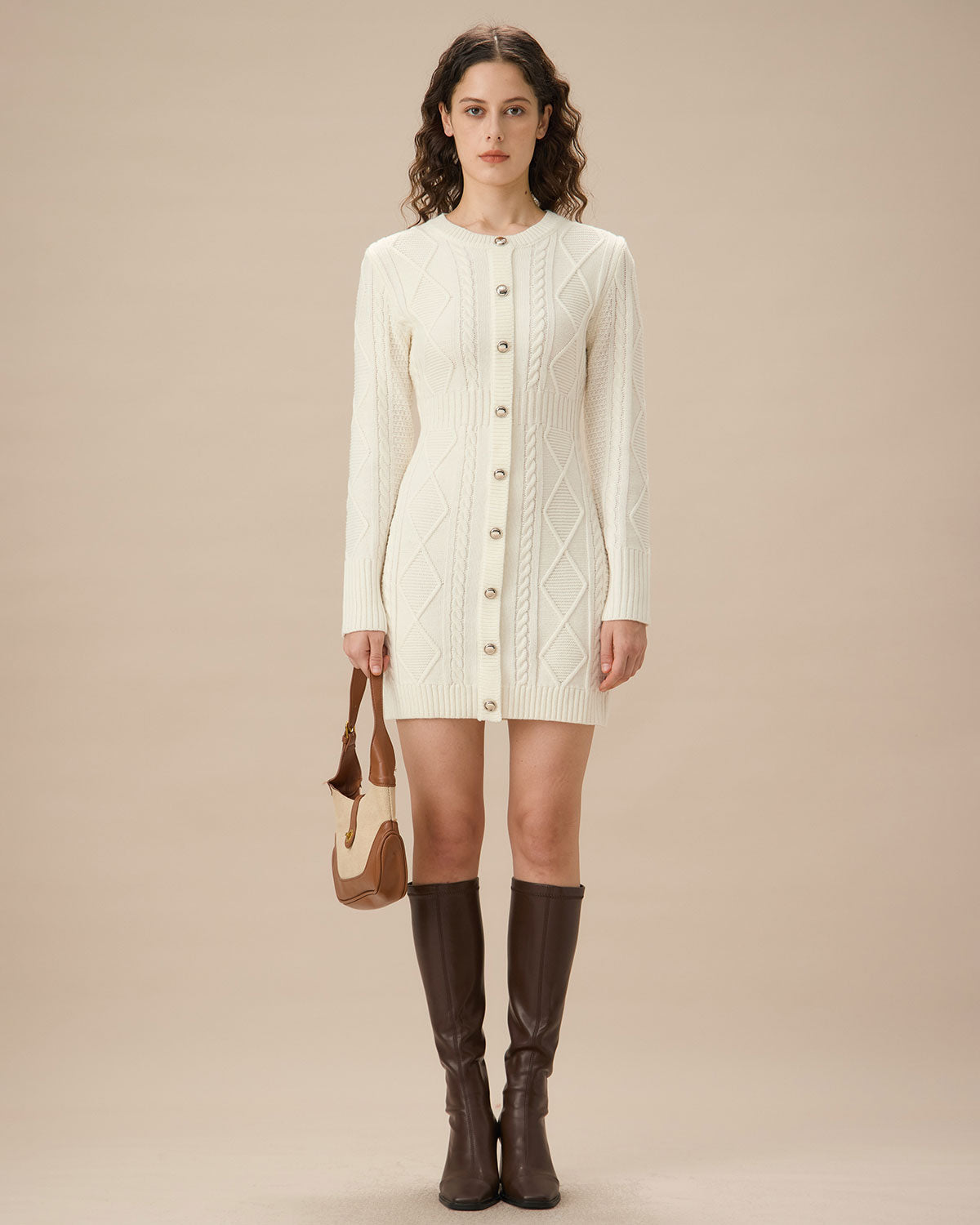 Belltoile™ Beyaz Yuvarlak Yaka Bodycon Kazak Elbise