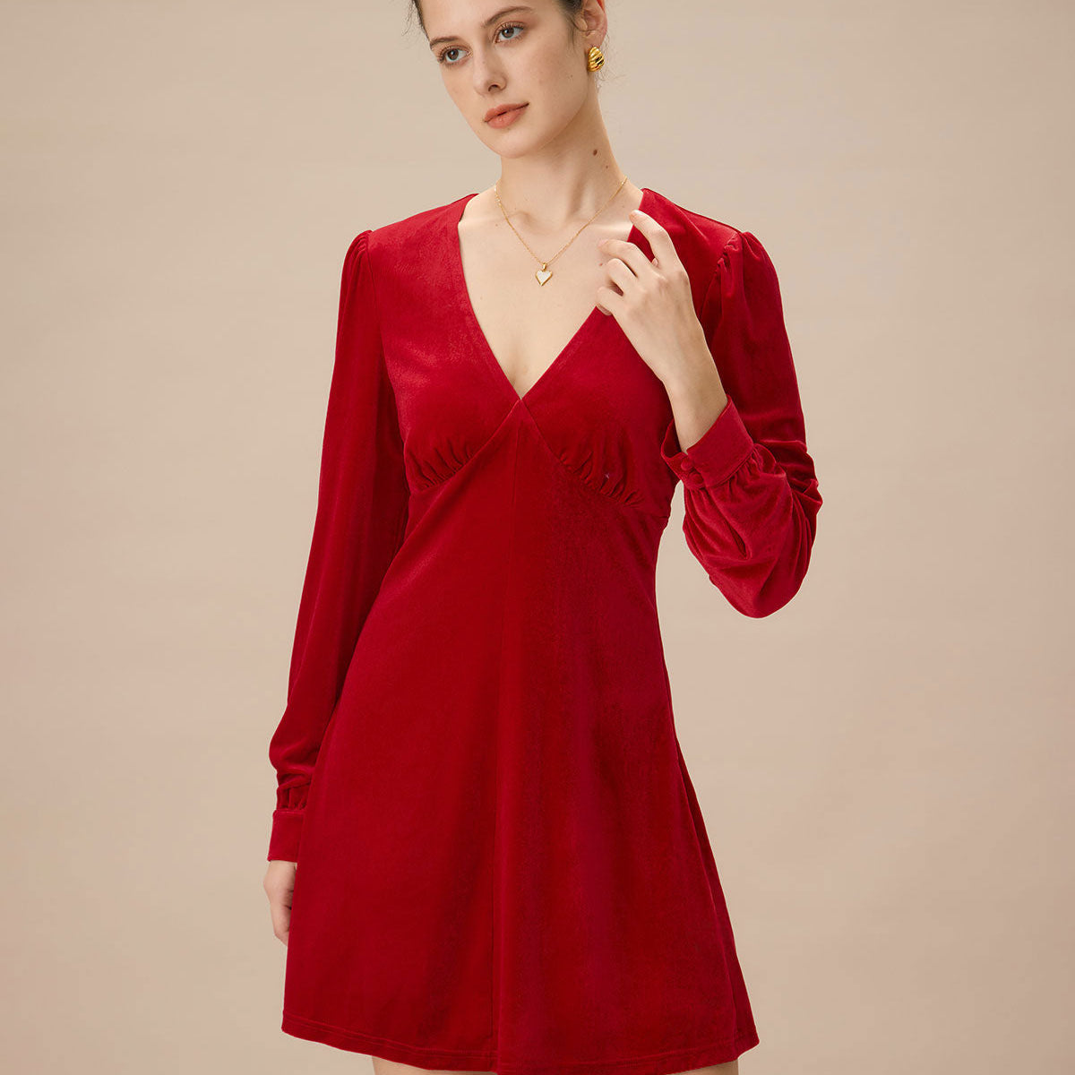 Belltoile™ Kırmızı Kadife Kolları Kabarık A Kesim Mini Elbise