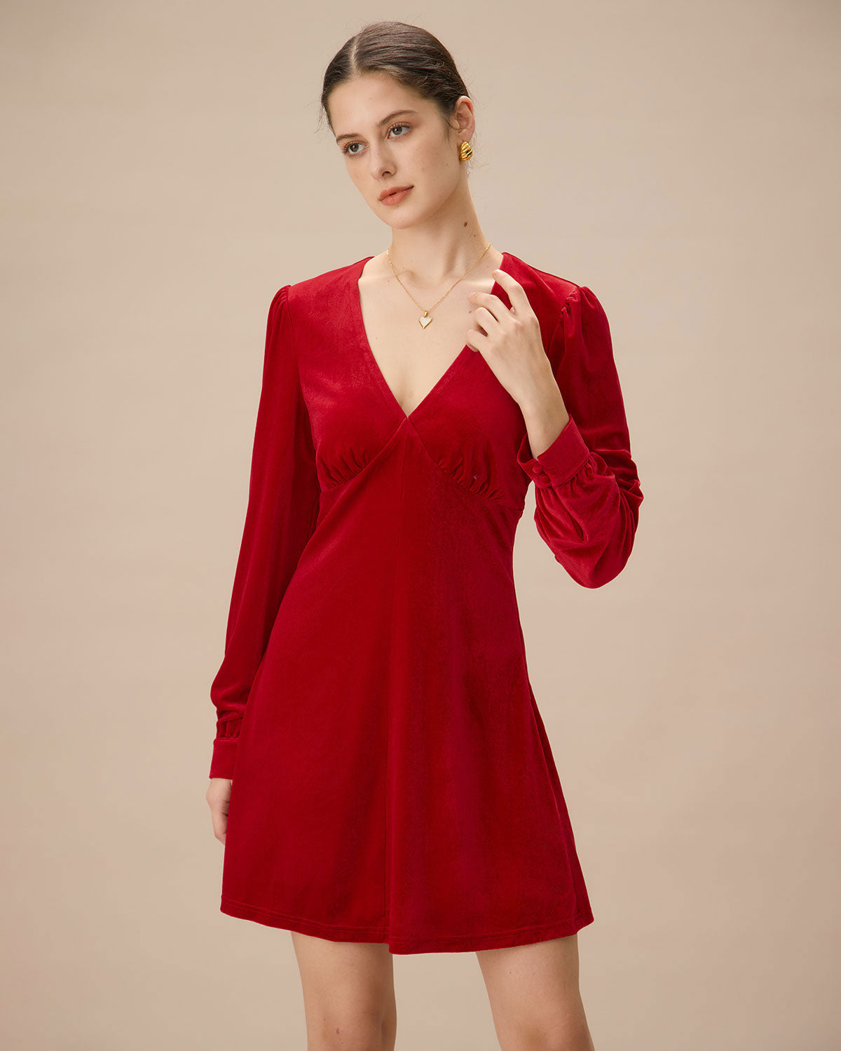 Belltoile™ Kırmızı Kadife Kolları Kabarık A Kesim Mini Elbise