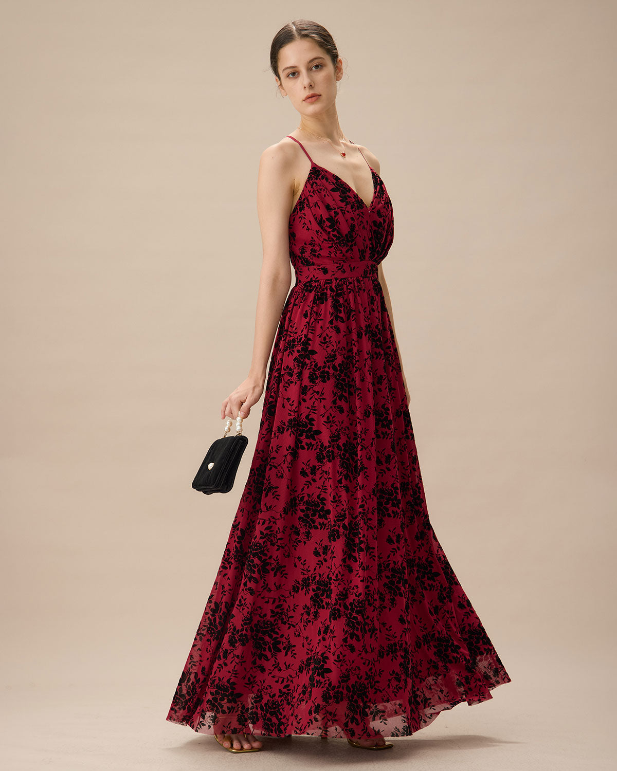 Belltoile™ Kırmızı Çiçek Floklu File Yırtmaçlı Maxi Elbise