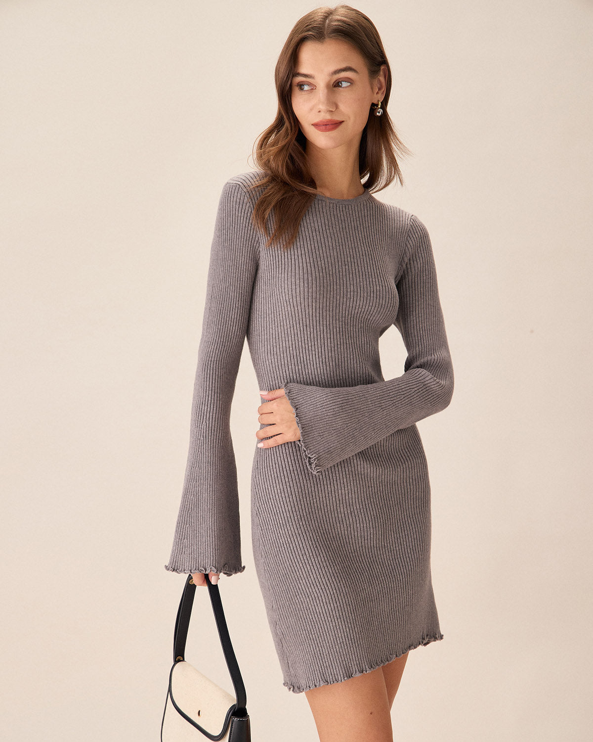 Belltoile™ Gri Kayık Yaka Triko Mini Elbise