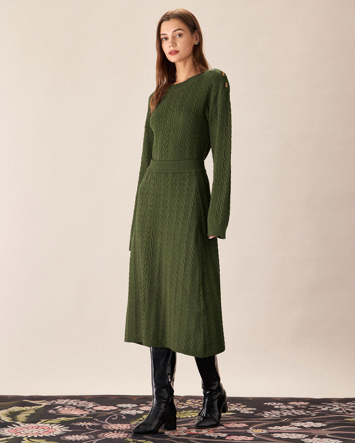 Belltoile™ Yeşil Beli Lastikli Triko Midi Etek