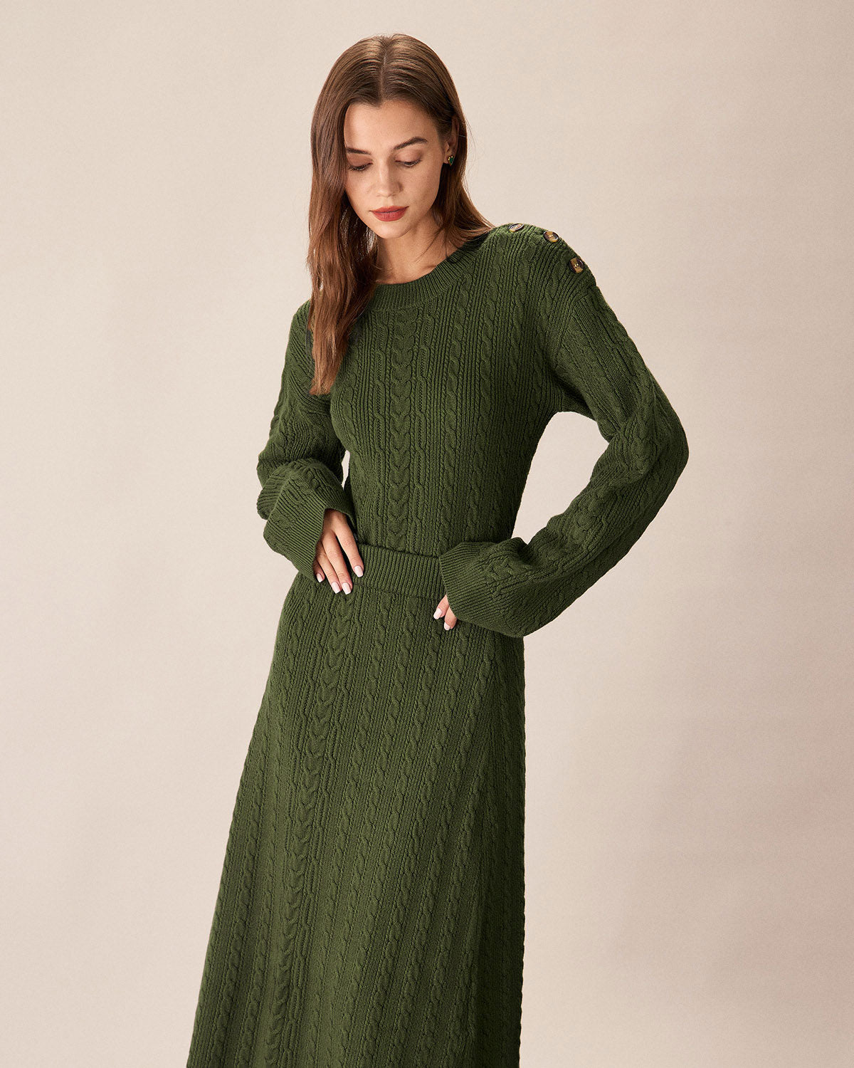 Belltoile™ Yeşil Beli Lastikli Triko Midi Etek