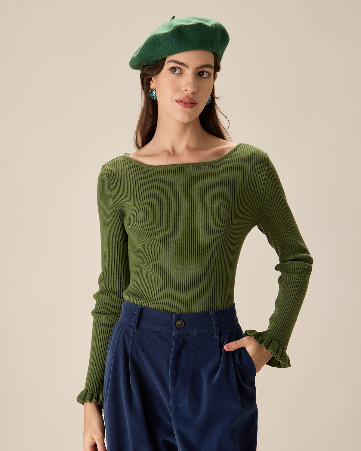 Belltoile™ Yeşil Kayık Yaka Fırfırlı Slim Tişört