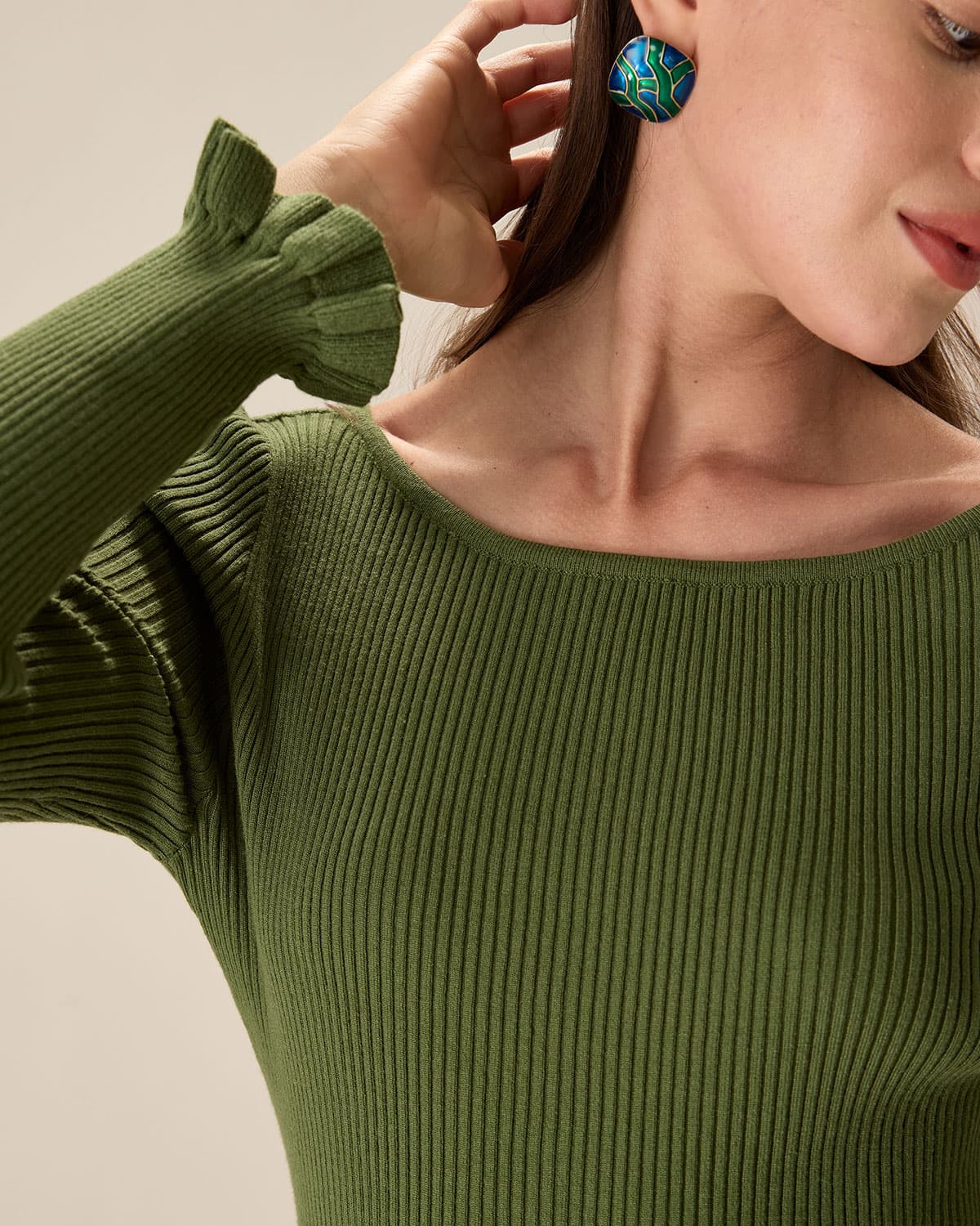 Belltoile™ Yeşil Kayık Yaka Fırfırlı Slim Tişört