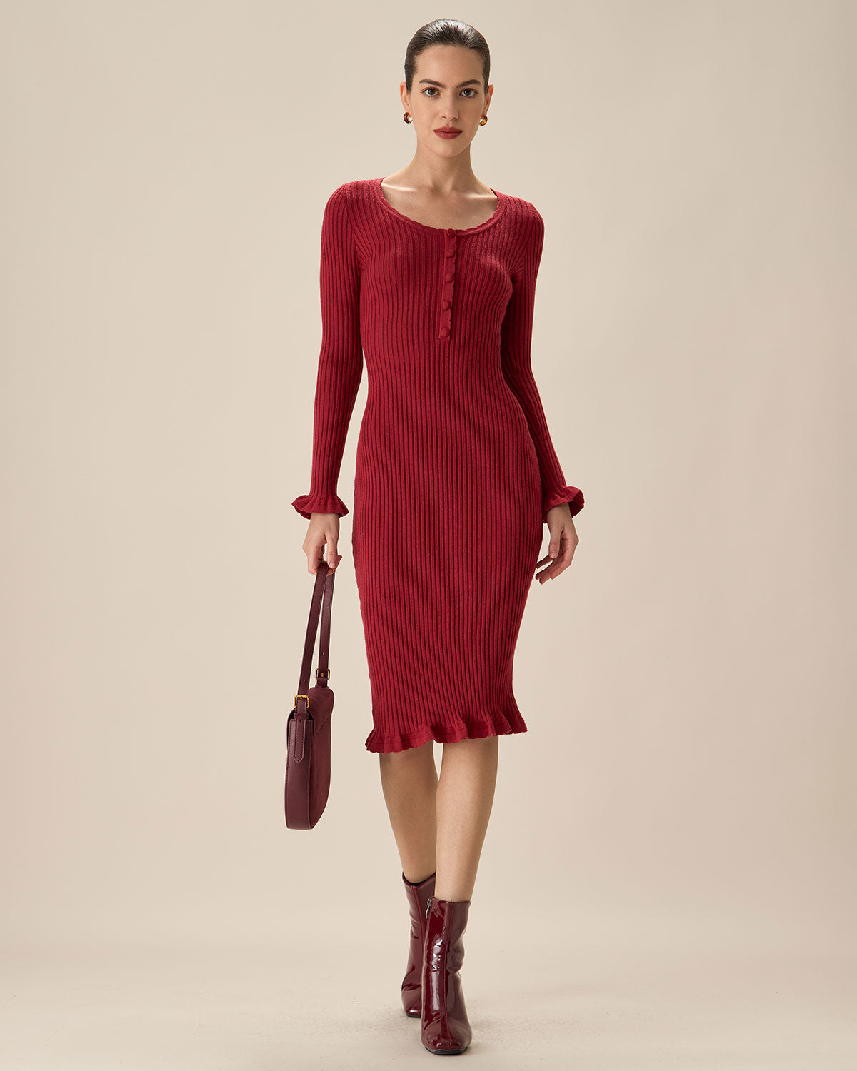 Belltoile™ Kırmızı Bodycon Çan Kol Kazak Elbise