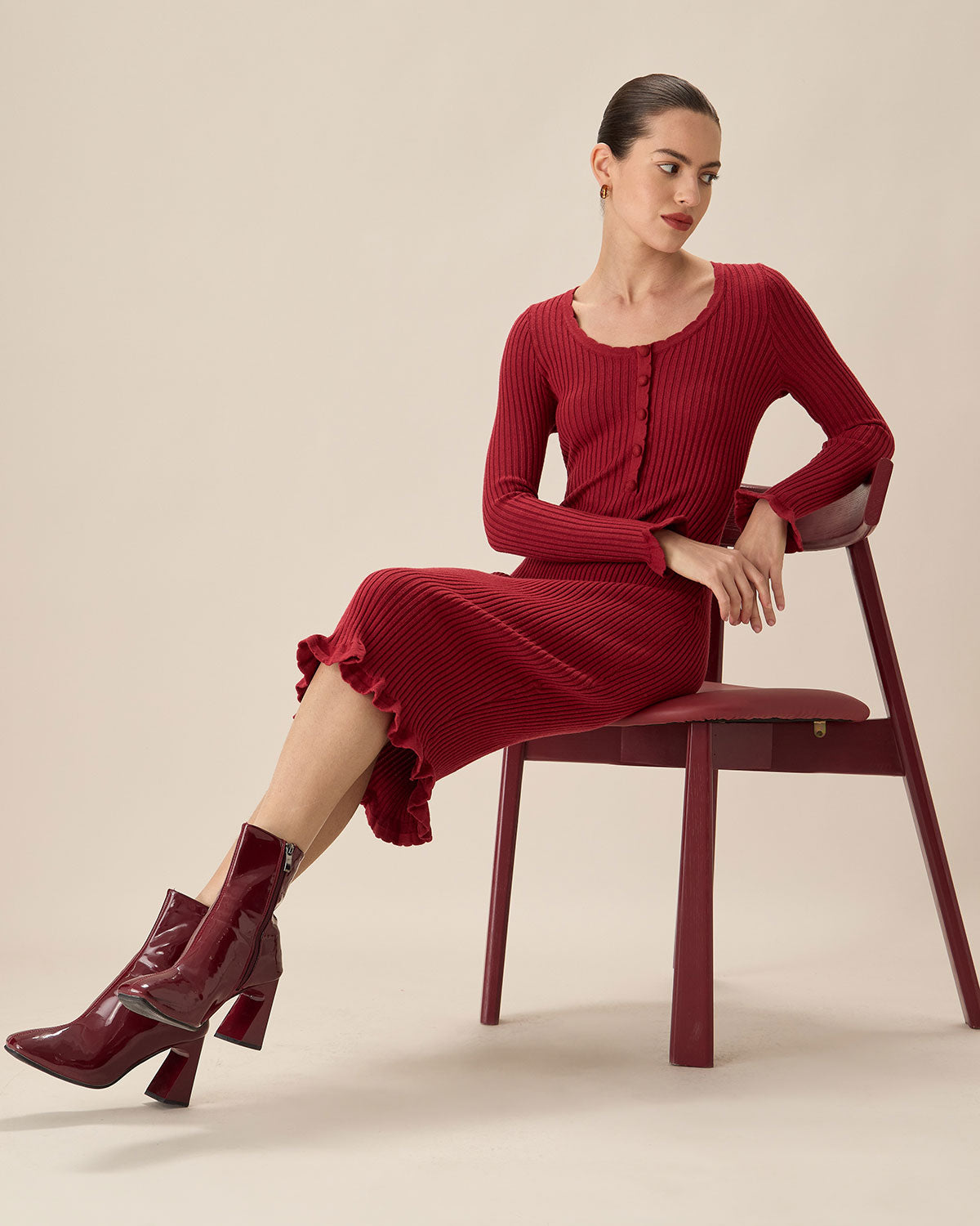Belltoile™ Kırmızı Bodycon Çan Kol Kazak Elbise