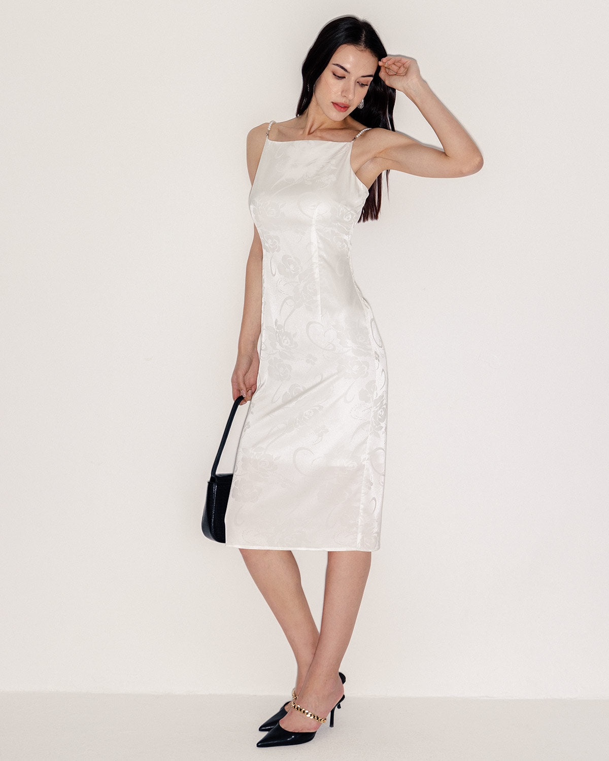Belltoile™ Beyaz Boncuklu Askılı Slip Midi Elbise