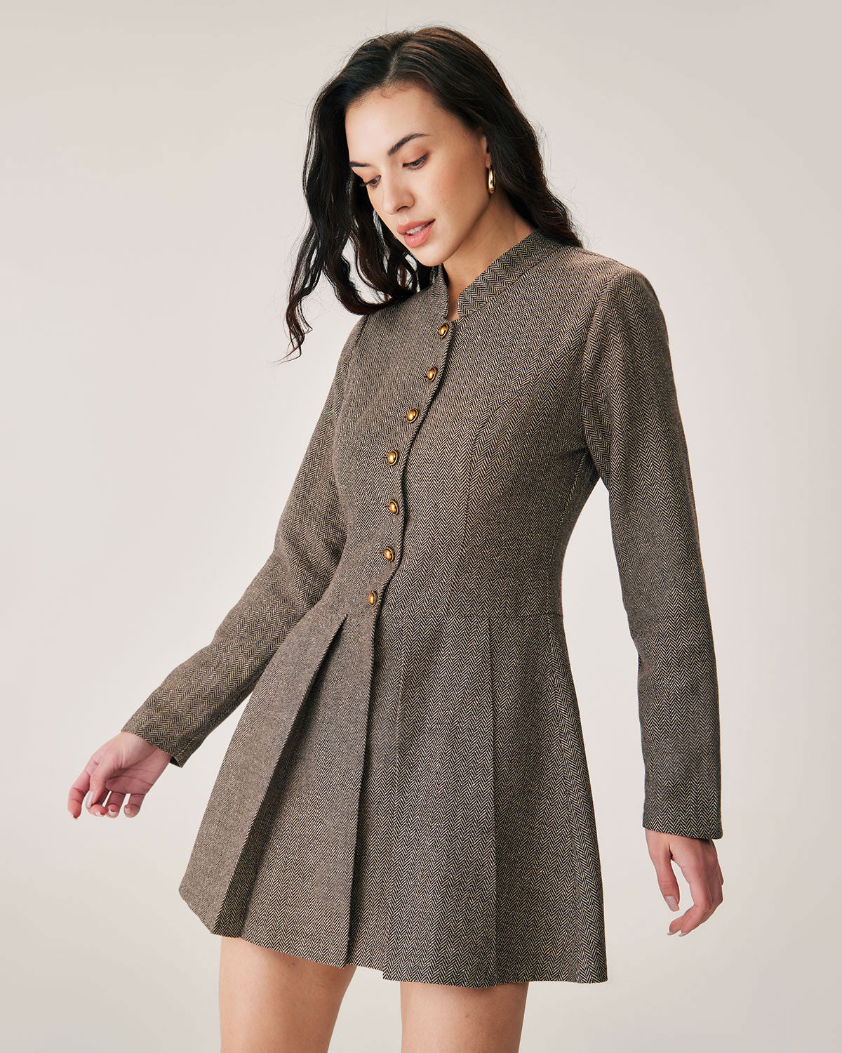 Belltoile™ Kahverengi Düğme Piliseli Mini Elbise