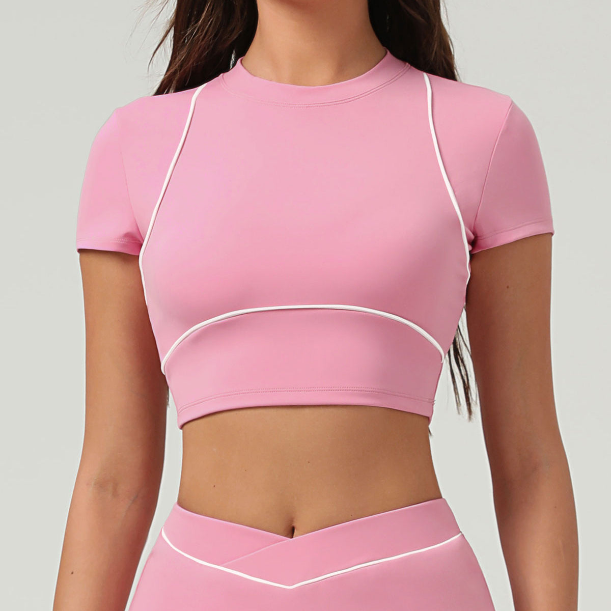 Belltoile™ Pembe Yuvarlak Yaka Kısa Kollu Yoga Üstü - Hafif Destek