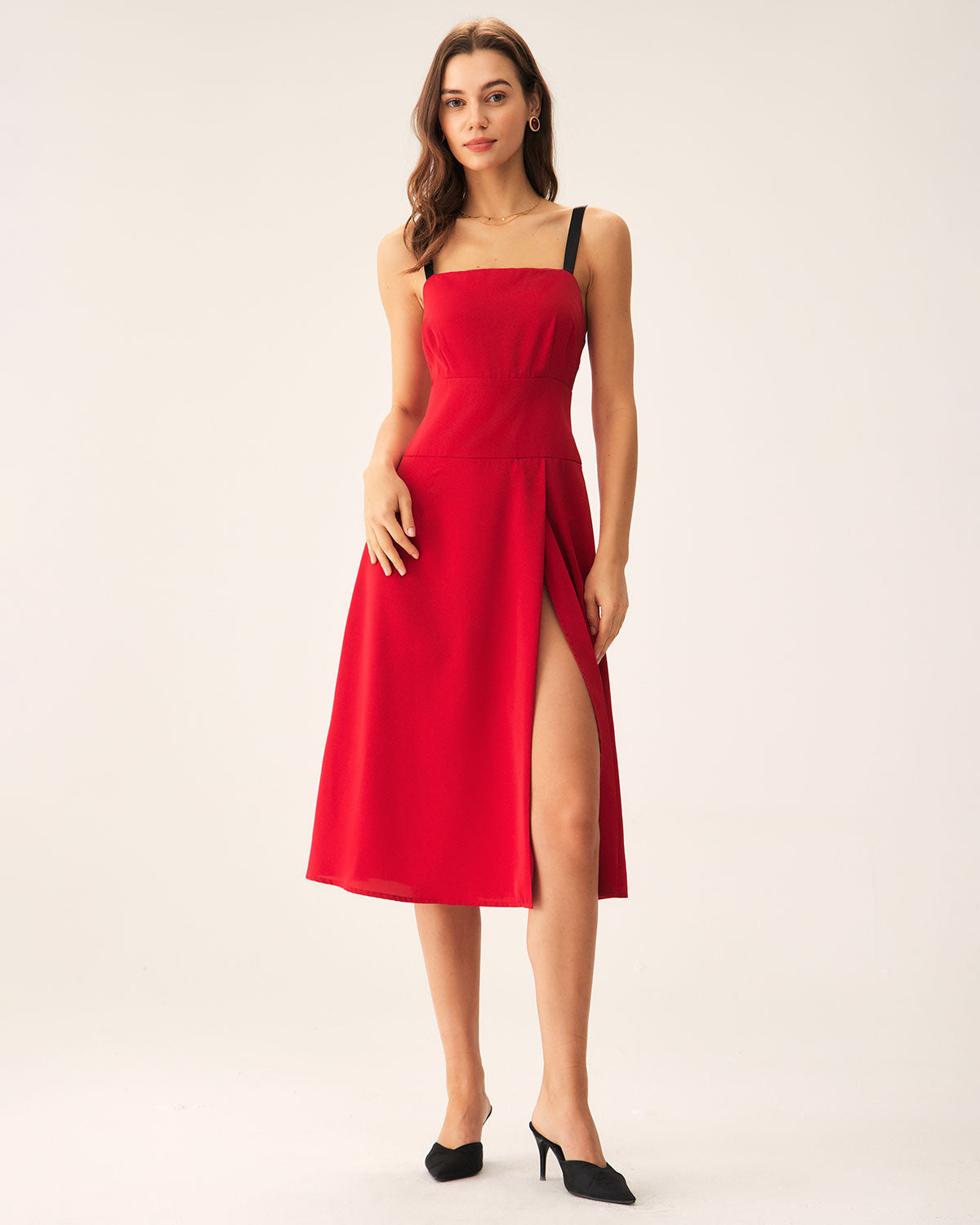 Belltoile™ Kırmızı Kontrast Yırtmaçlı Slip Midi Elbise