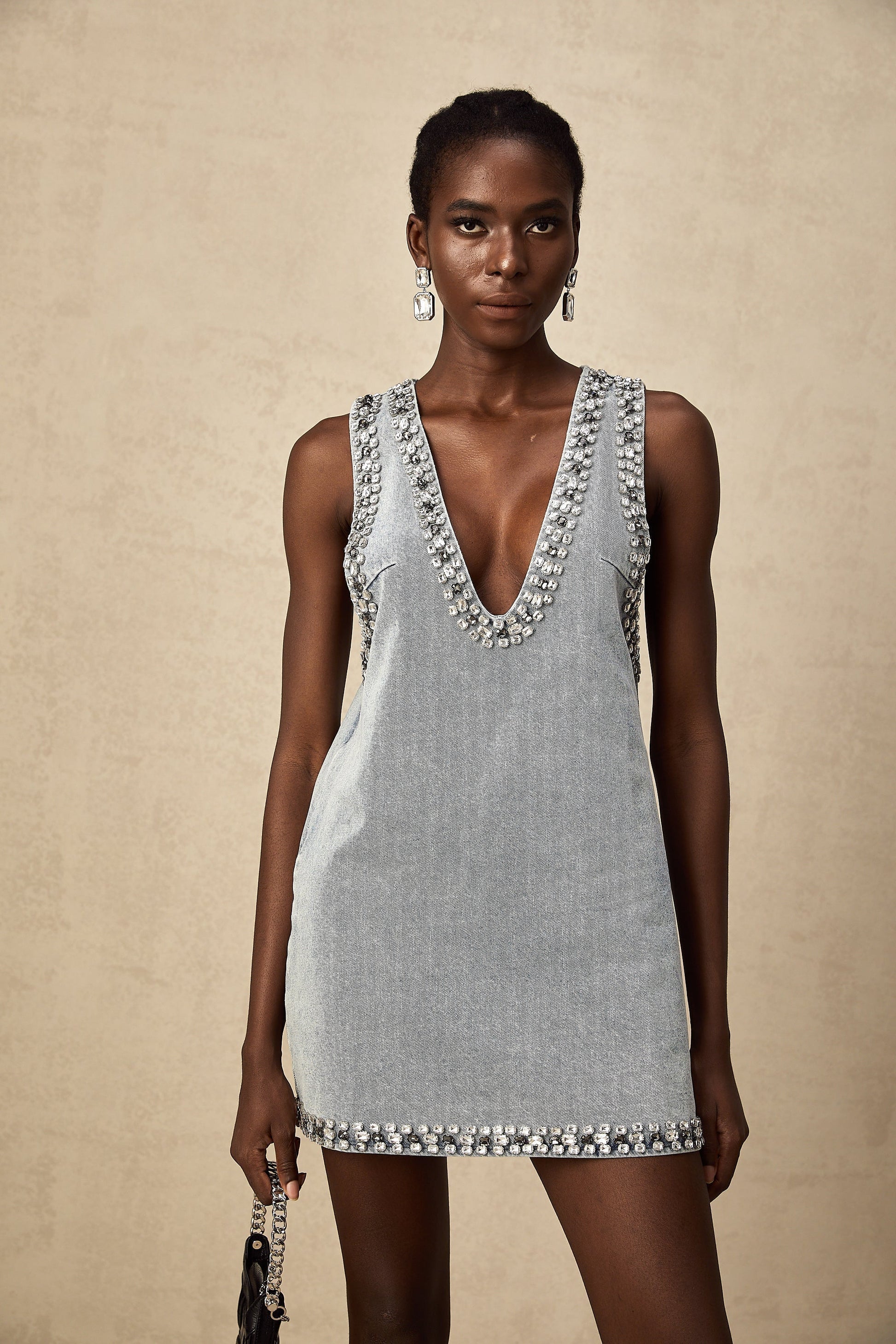 Belltoile Daphné Mavi Kristal Kolsuz Denim Mini Elbise