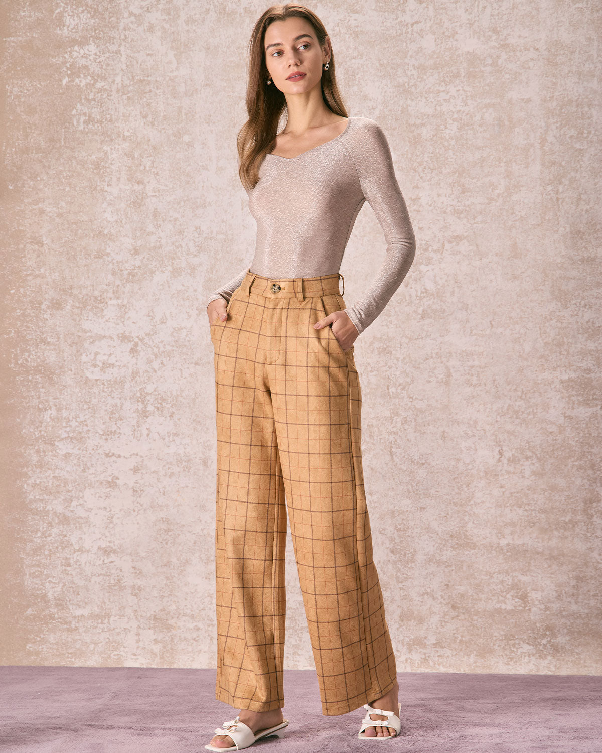 Belltoile™ Haki Yüksek Bel Ekose Geniş Paça Pantolon