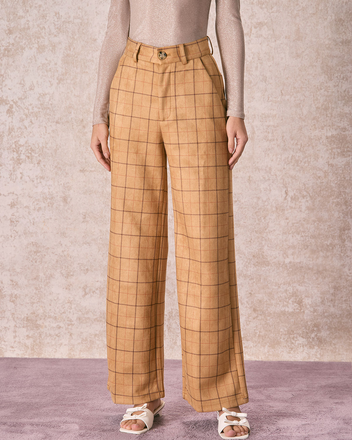 Belltoile™ Haki Yüksek Bel Ekose Geniş Paça Pantolon