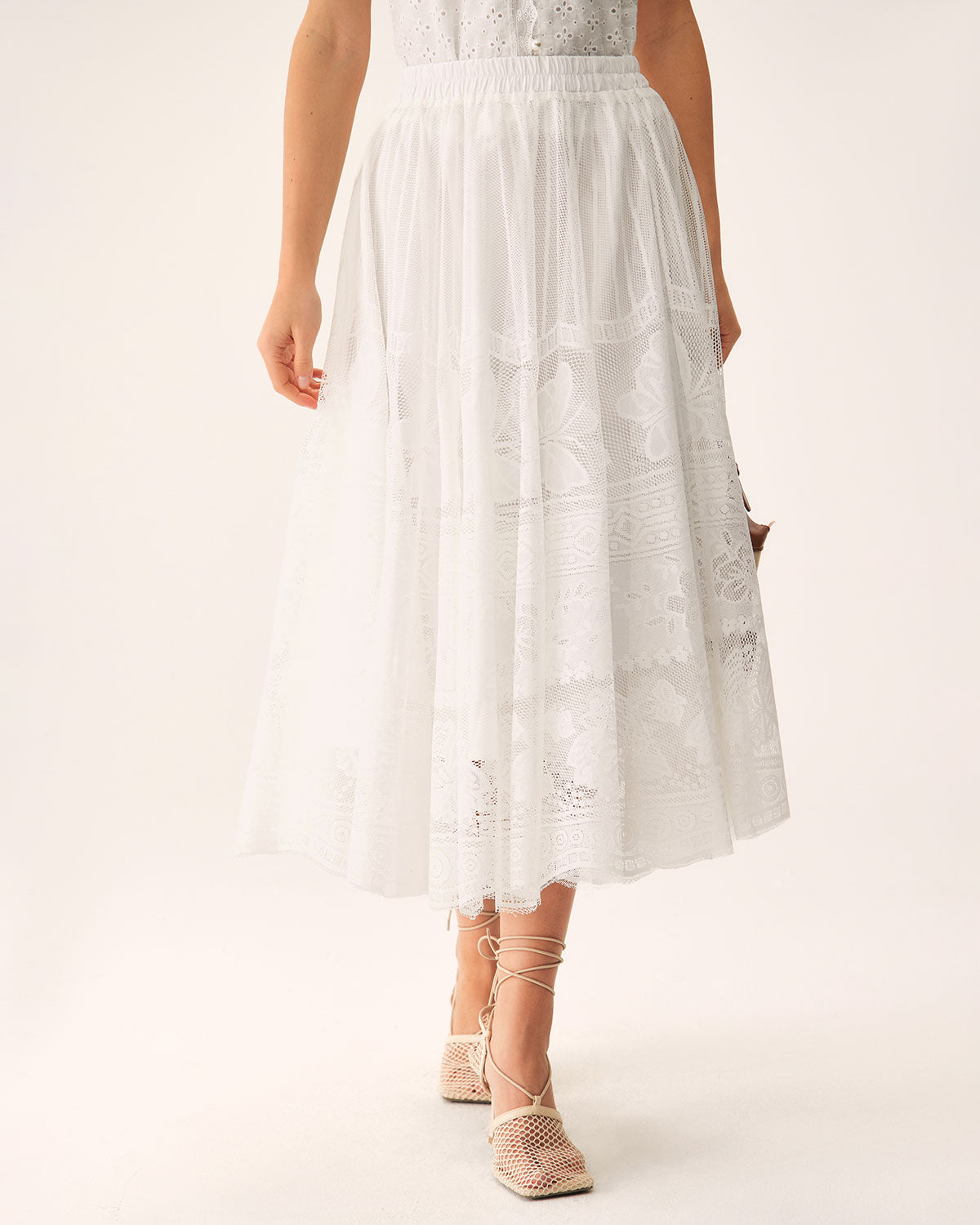 Belltoile™ Beyaz Beli Lastikli Midi Etek
