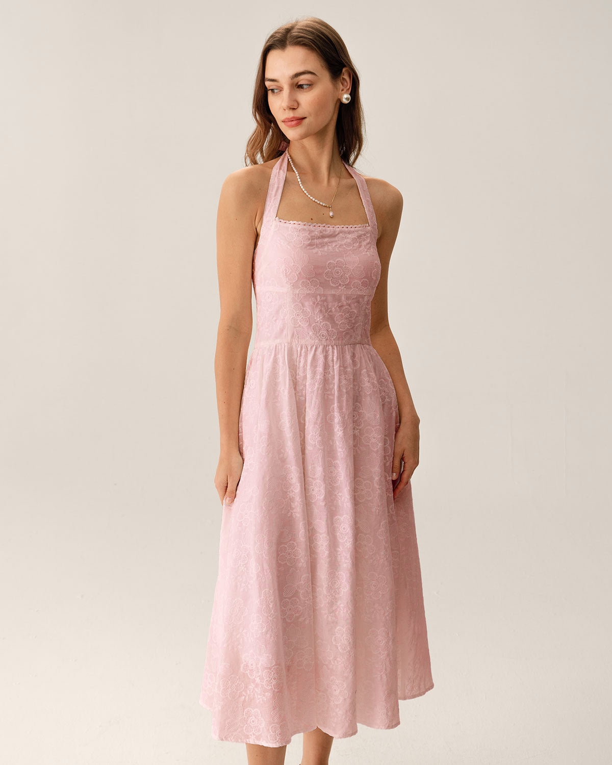 Belltoile™ Pembe Nakışlı Boyundan Bağlamalı Midi Elbise