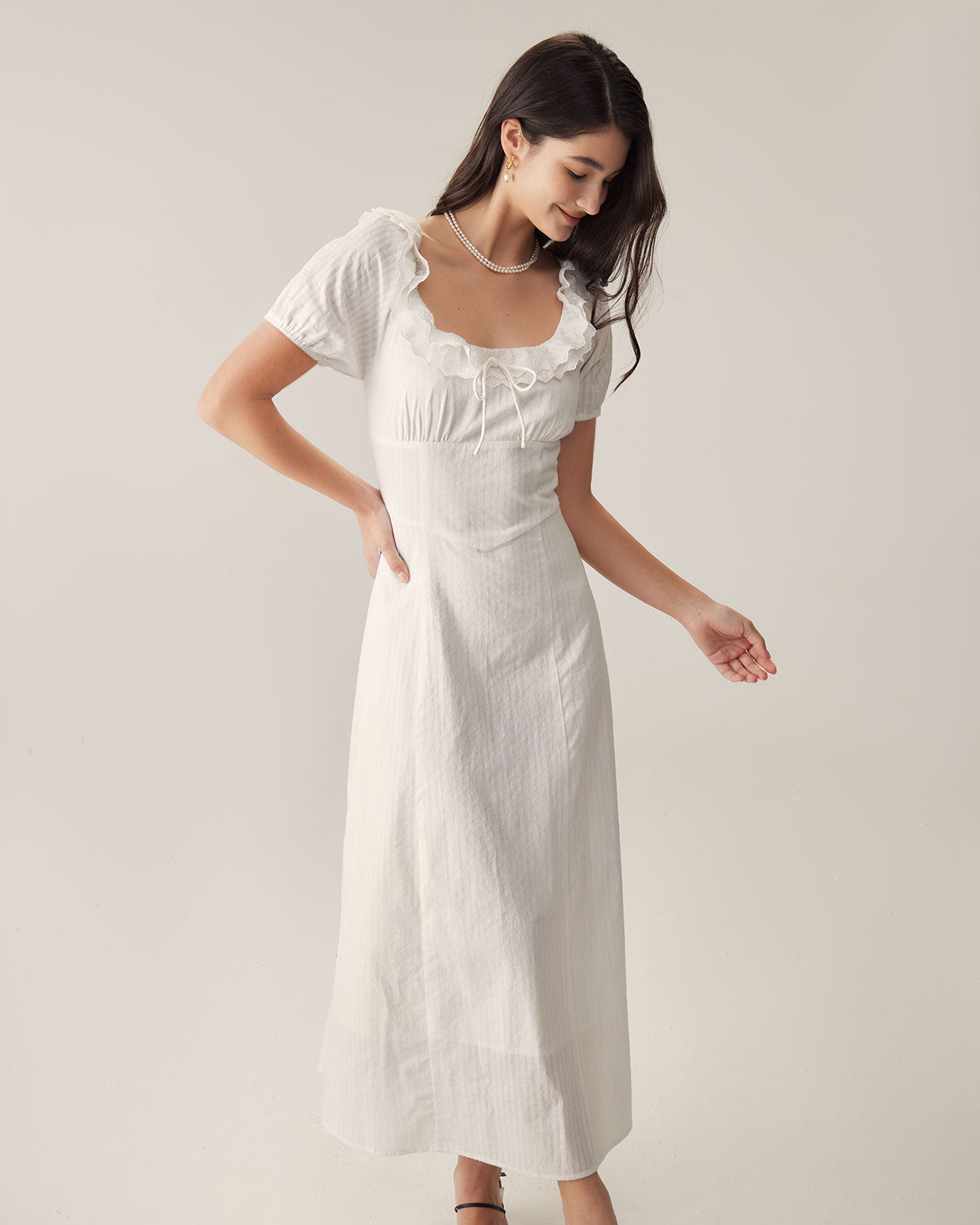 Belltoile Beyaz Nakışlı Kabarık Kol Maxi Elbise