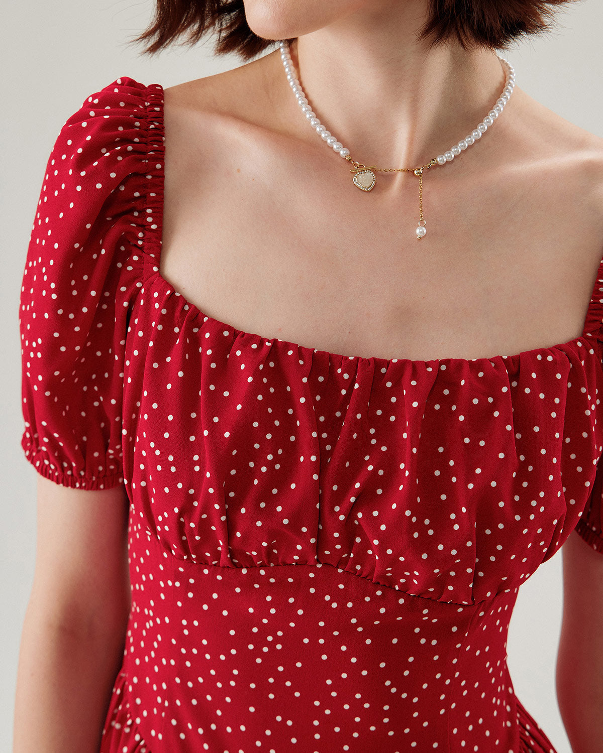 Belltoile™ Kırmızı Puantiyeli Kare Yaka Mini Elbise