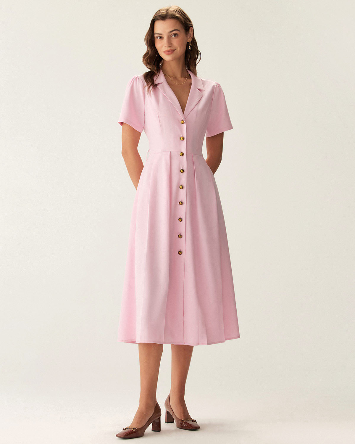 Belltoile™ Pembe V Yaka Pileli Düğmeli Midi Elbise