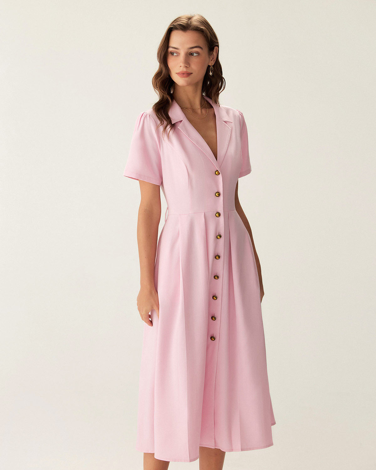 Belltoile™ Pembe V Yaka Pileli Düğmeli Midi Elbise