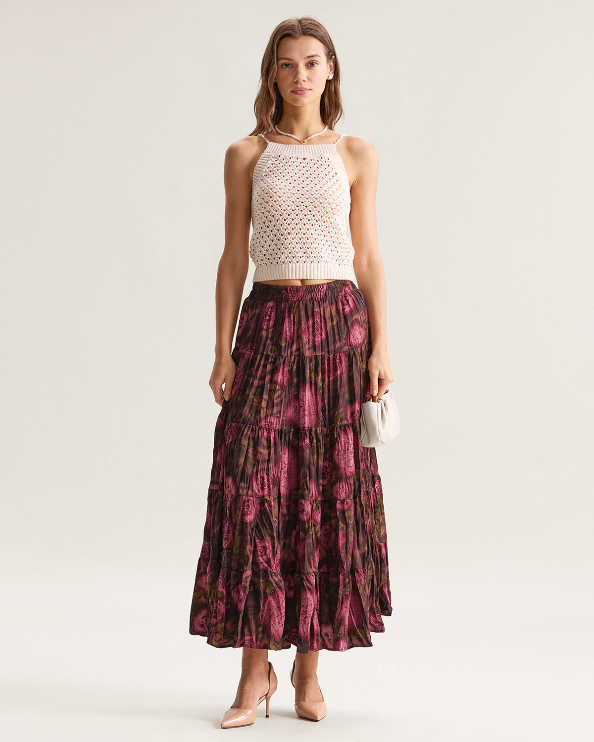 Belltoile™ Pembe Çiçekli Beli Pileli Midi Etek